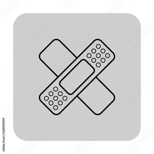 Simple line icon of two band-aids crossed over each other, representing health care and first aid. Medical assistance and injury care concept