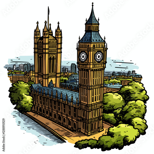 Vector comic hand-drawn illustration of Big Ben. Big Ben in London