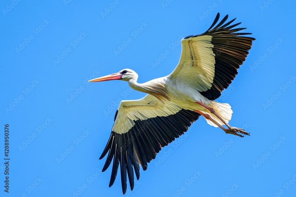 Stork soars high in the sky, wings fully spread against a pure, vibrant blue backdrop. A symbol of freedom and grace in flight. Stork soars high in the sky, wings fully spread against a pure, vibrant blue backdrop. A symbol of freedom and grace in flight.
