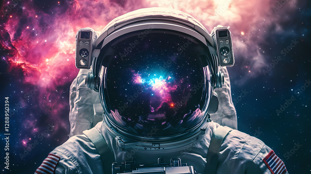 Front view astronaut potrait. astronaut in space suit with galaxy and nebula reflection in helmet glass. deep space exploration. Cosmic Astronaut Reflection. Illustration Front view astronaut potrait. astronaut in space suit with galaxy and nebula reflection in helmet glass. deep space exploration. Cosmic Astronaut Reflection. Illustration