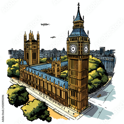 Vector comic hand-drawn illustration of Big Ben. Big Ben in London