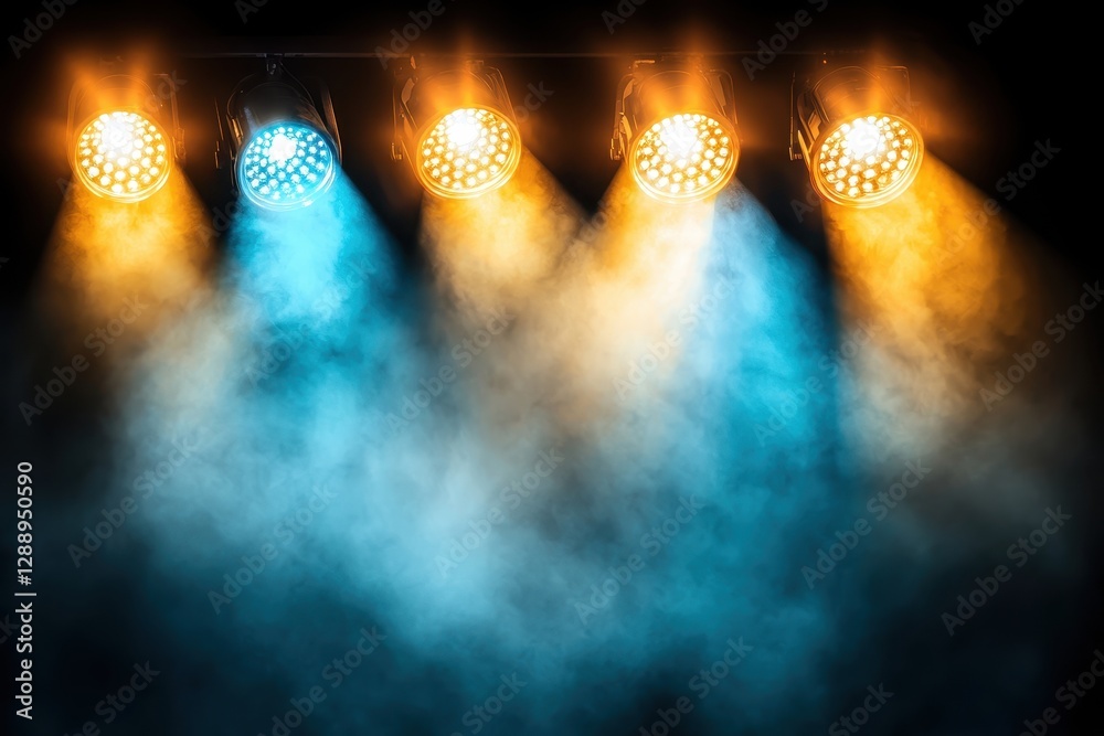 Four stage spotlights emitting blue and amber light beams through a smoky atmosphere