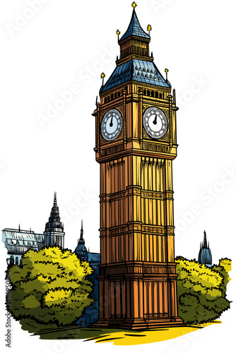 Vector comic hand-drawn illustration of Big Ben. Big Ben in London