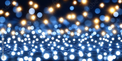 Abstract image of blue and gold bokeh lights reflecting on a water surface