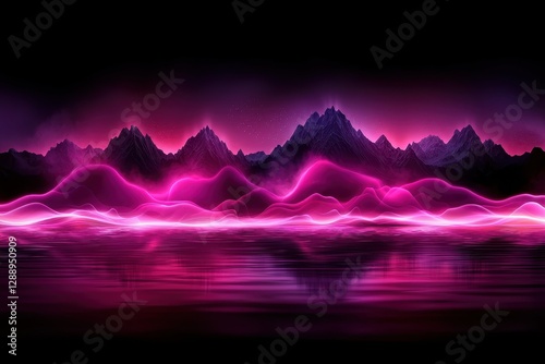 A stunning digital artwork depicting a serene landscape at night.  Pink and purple neon lights illuminate the mountains and their reflection on a calm body of water