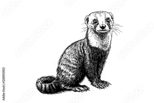 Hand-drawn ferret illustration in antique style, vintage art, small predator animal, black sketch effect, wildlife vector, print design, white background, trendy.