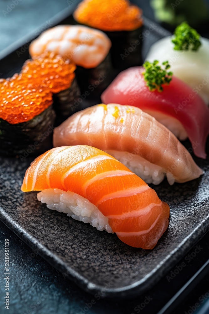 A beautifully arranged sushi platter, Set of sushi salmon and tuna and maki. Traditional Japanese cuisine A beautifully arranged sushi platter, Set of sushi salmon and tuna and maki. Traditional Japanese cuisine