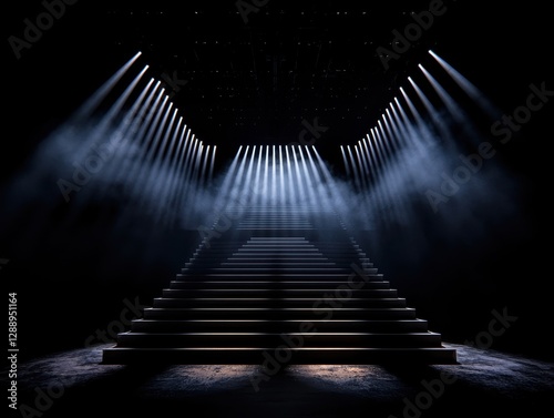 A dramatic staircase bathed in the light of multiple spotlights  set against a dark smoky background