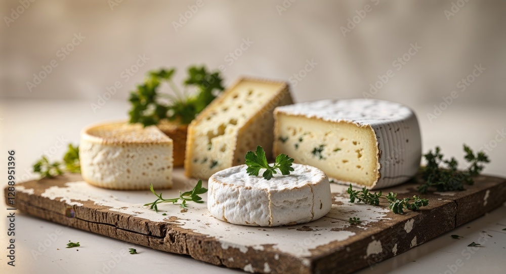 Gourmet Goat Cheese Selection on Rustic Wooden Board. Gourmet Goat Cheese Selection on Rustic Wooden Board.