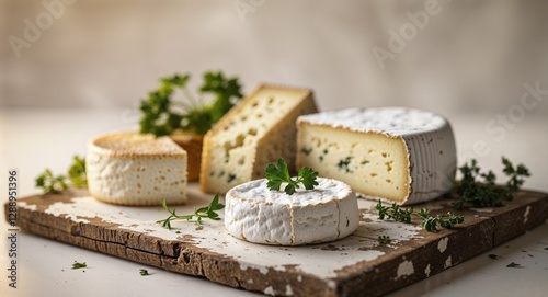 Gourmet Goat Cheese Selection on Rustic Wooden Board.