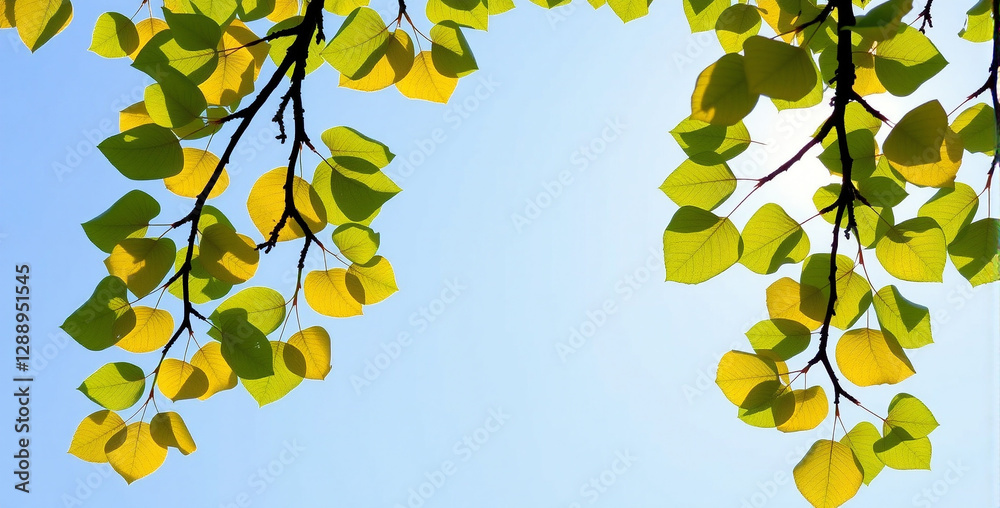 Obraz premium Sunlit Green Leaves Against a Blue Sky