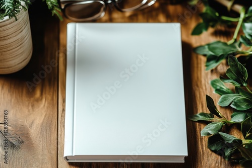 Blank sketchbook resting on a wooden table surrounded by greenery and glasses during a cozy indoor setting