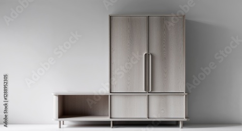 Sleek handcrafted wooden furniture with two doors and open shelf