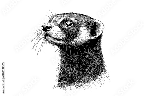 Vintage hand-drawn ferret, wildlife black sketch vector, print design, trendy antique style, small animal predator, white background illustration.