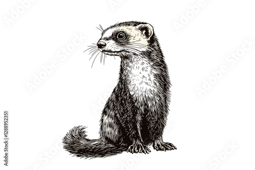 Antique style ferret illustration, wildlife black sketch effect, trendy print design, small predator animal, vintage art, vector, white background.