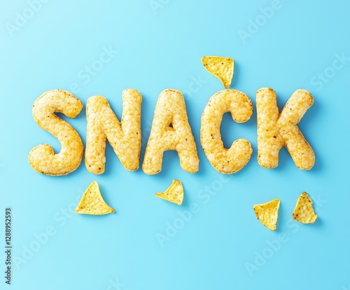 Colorful snack arrangement spells out snack with crispy chips on a bright blue background during daytime