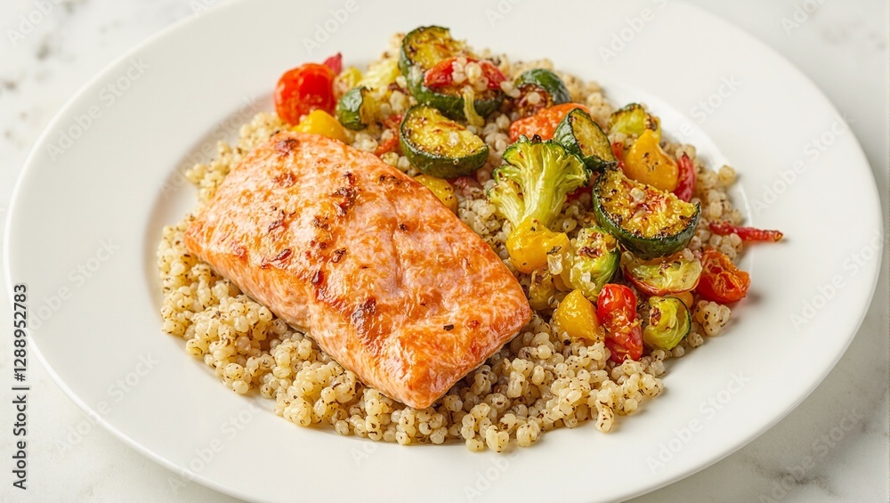 Nutritious balanced meal with grilled salmon quinoa and roasted vegetables on white plate Nutritious balanced meal with grilled salmon quinoa and roasted vegetables on white plate