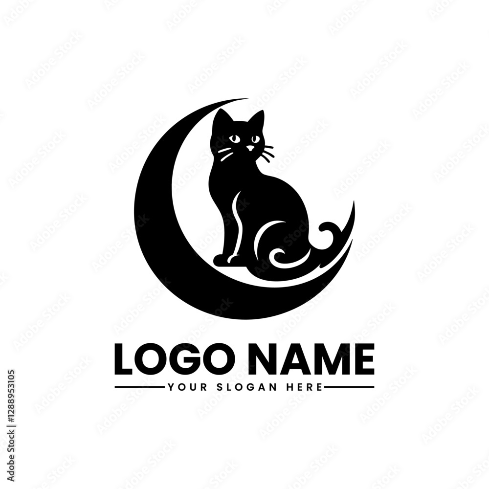 Obraz premium Cat Sitting on the Moon | Starry Night Vector Logo | Mystical Feline Illustration