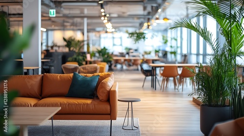 Beautiful blurred background of a modern office interior in gray tones with panoramic windows, glass partitions and orange color accents.