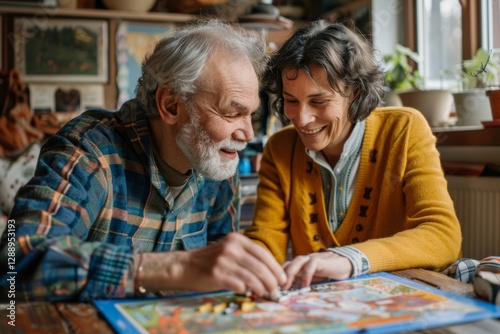 Portrait of a blissful caucasian couple in their 50s playing a board game