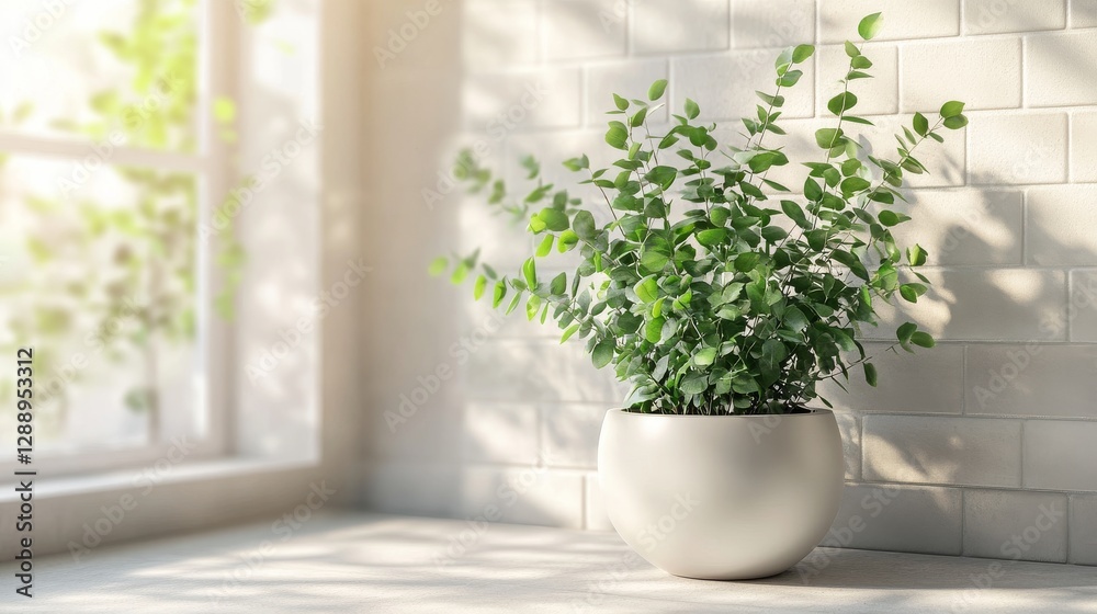 Fototapeta premium Bright Indoor Plant in Modern Pot with Sunlit Window View