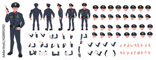 Police Officer Character Design Model Sheet. Man, Character design. Front, side, back view and explainer animation poses. Character set with lip sync and Walk cycle animation sequences.