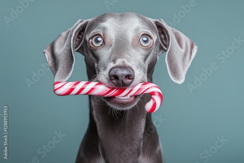 Wallpaper Mural Playful dog holds a candy cane in its mouth against a blue background during a festive celebration in December Torontodigital.ca