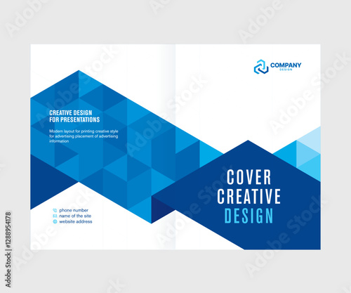 Cover for presentation, catalog, annual report, creative abstract design, blue triangle background