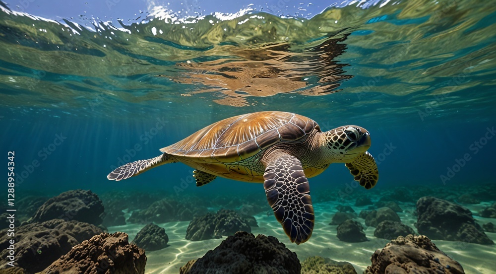 Fototapeta premium Green Sea Turtle Swimming Underwater with Sunlight Reflection