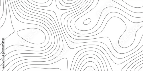 Abstract Topographic line art with geographic line map elevation assignments. Geography scheme and terrain with wave curve lines. White background and black wave lines.