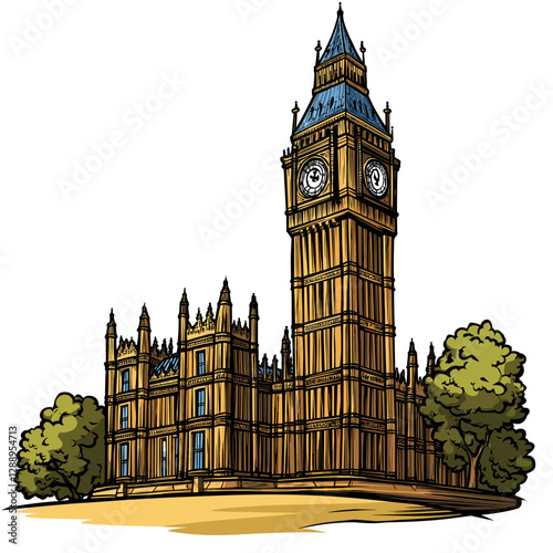 Vector comic hand-drawn illustration of Palace of Westminster. Palace of Westminster in London