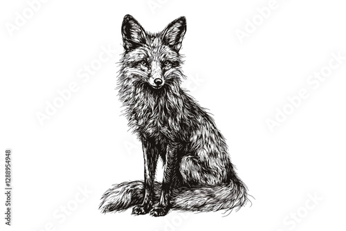 Vintage-style hand-drawn fox, black and white wildlife illustration, old engraving art, trendy forest animal vector, antique print design, rustic nature poster.