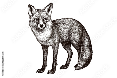 Black sketch fox in old engraving style, hand-drawn wildlife art, vintage forest predator design, antique illustration, trendy vector print, retro nature aesthetic.