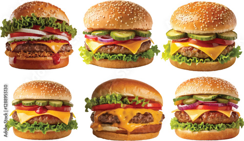 burger with lettuce, tomatto, onion and white background
