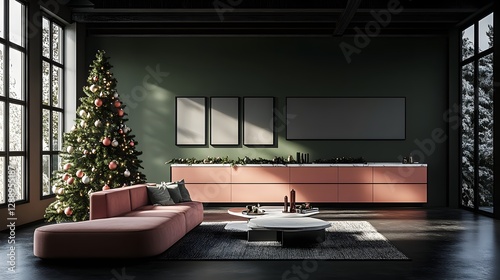 Elegant Modern Living Room with Christmas Tree and Minimalist Furniture in Soft Lighting