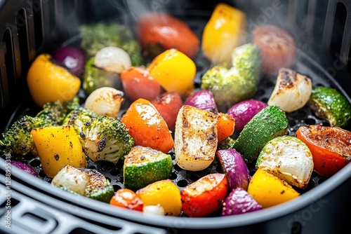 Colorful assortment of grilled vegetables cooking in an air fryer with steam rising in a modern kitchen setting