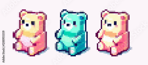 Three pixel art bears in pastel colors sit side by side. Each bear has a distinct shade, creating a cute and nostalgic visual reminiscent of retro gaming aesthetics.