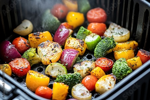 Freshly roasted vegetables in an air fryer, showcasing vibrant colors and textures, perfect for a healthy meal option