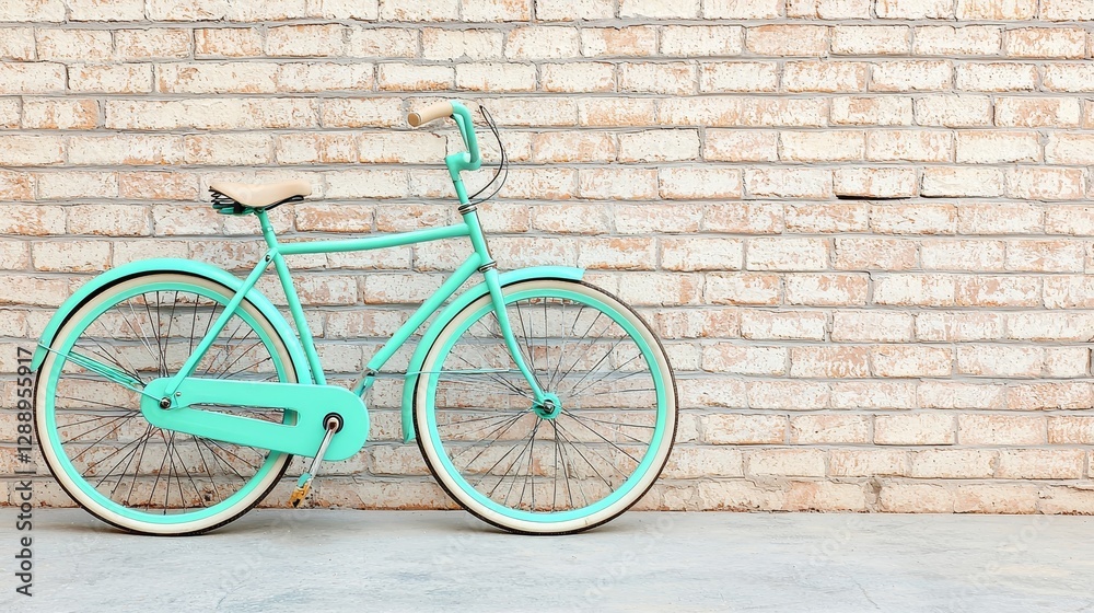 A mint-colored bicycle leans against a textured brick wall, creating a vintage yet modern aesthetic. A mint-colored bicycle leans against a textured brick wall, creating a vintage yet modern aesthetic.