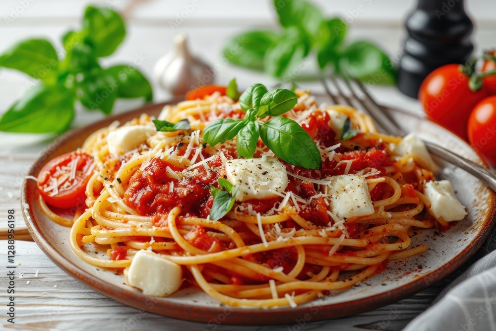 Pasta. Spaghetti with Tomato Sauce and Mozzarella, Italian Spaghetti, Rich Tomato Sauce, and Melted Mozzarella Cheese Isolated on Background with Copy Space. Italian Food Concept with Copy Space. Pasta. Spaghetti with Tomato Sauce and Mozzarella, Italian Spaghetti, Rich Tomato Sauce, and Melted Mozzarella Cheese Isolated on Background with Copy Space. Italian Food Concept with Copy Space.