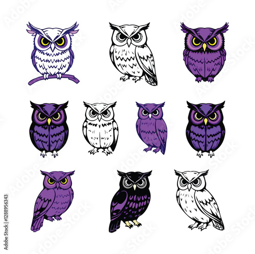 Owl vector outline set, hand drawn owl line art, minimal owls isolated design for tattoo, clipart, sketch, cartoon, artistic set, digital collection of aesthetic bird, wildlife nocturnal bird icon