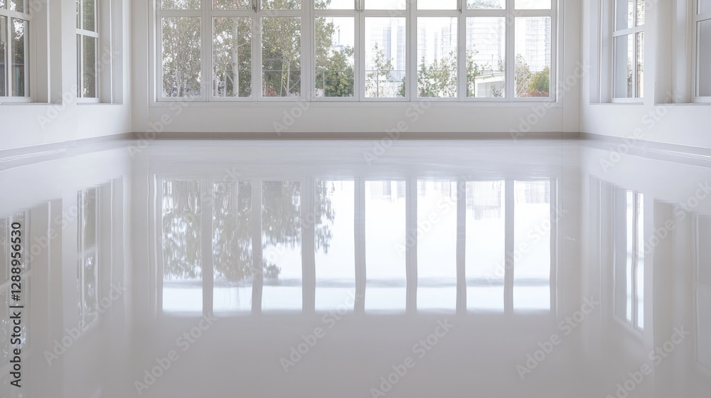 Fototapeta premium Empty room with polished floor and large windows, modern interior, showcasing design, potential use for real estate advertisement, interior design