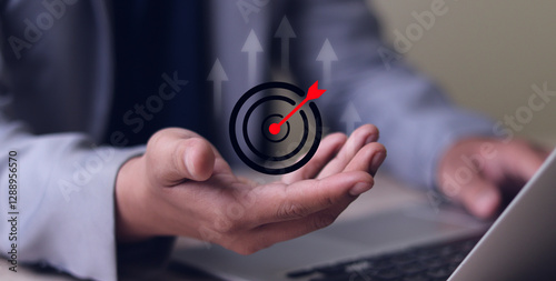 Businessman with target icon for business objective. Strategic planning for business growth and target customer group. set up business objective target goal concept.