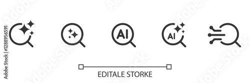 AI search icon set. Magnifying glass with generate symbol. Artificial intelligence technology concept. Icon element for app and web. Vector illustration. Magnifier or loupe sign. Editable stroke.