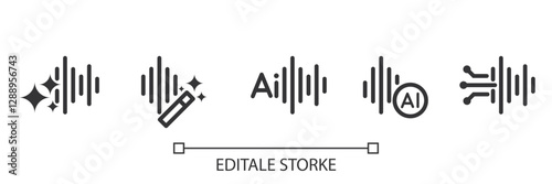 Set of AI Voice Generator icons. Sound wave with generate symbol. Creating music and voice by AI. Artificial intelligence icon element for app and web. Vector illustration. Editable stroke.