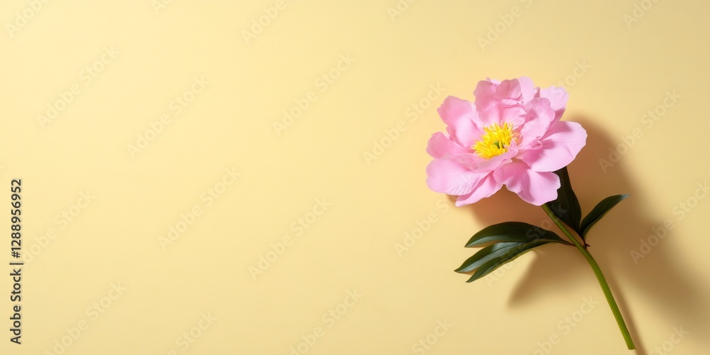 Naklejka premium Pink peony blooming on pastel yellow background for spring minimalist concept