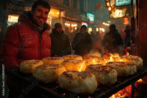 Smiling vendor sells grilled treats at a night market photo