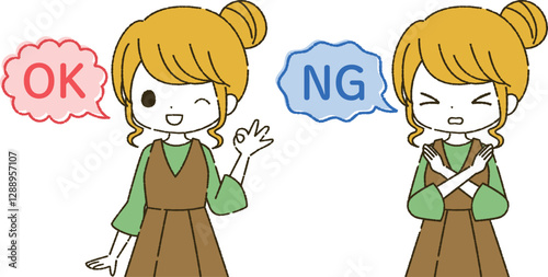 OKサインとNGサインを出す女性のイラスト