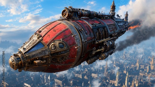 Wallpaper Mural A steampunk airship soars above a sprawling cityscape, showcasing intricate designs and billowing smoke against a vibrant sky. Torontodigital.ca