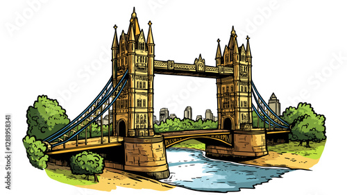 Vector comic hand-drawn illustration of Tower Brigde. Tower Brigde in London